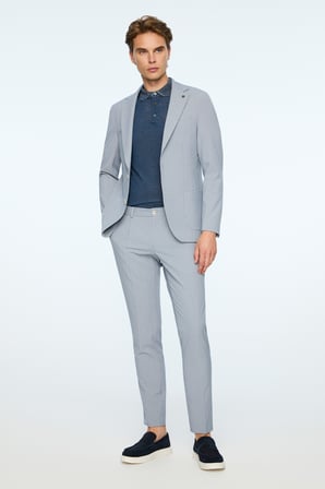  Erkek Lacivert Poliviskon Trend Desenli Slim Fit Mono Yaka Ceket