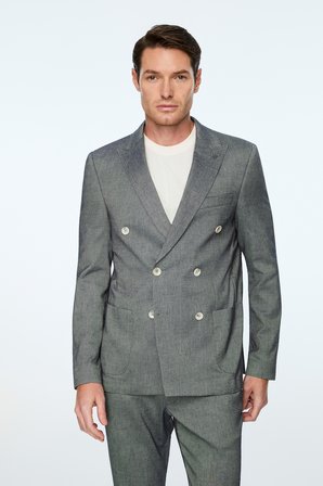  Erkek Marine Keten Trend Desenli Slim Fit Sivri Yaka Kruvaze Takım Elbise