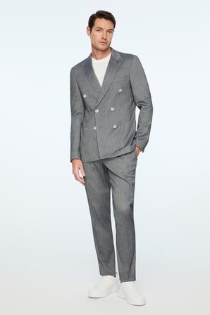  Erkek Marine Keten Trend Desenli Slim Fit Sivri Yaka Kruvaze Takım Elbise