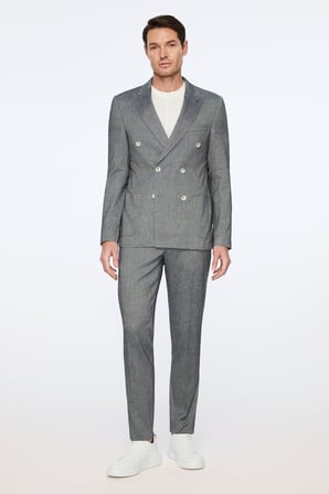  Erkek Marine Keten Trend Desenli Slim Fit Sivri Yaka Kruvaze Takım Elbise