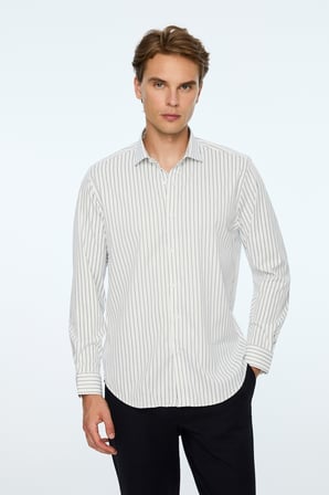  Erkek Lacivert Trend Çizgili Slim Fit İtalyan Yaka Gömlek
