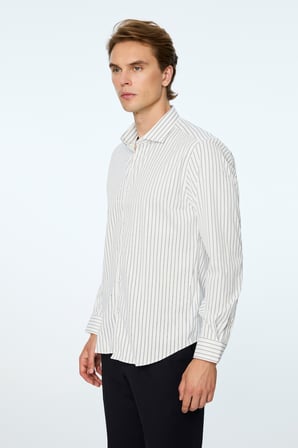  Erkek Lacivert Trend Çizgili Slim Fit İtalyan Yaka Gömlek