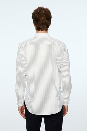  Erkek Lacivert Trend Çizgili Slim Fit İtalyan Yaka Gömlek