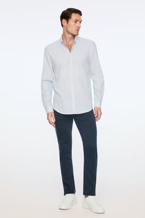  Erkek A. MAVİ Keten Trend Düz Dynamic Fit Düğmeli Yaka Gömlek
