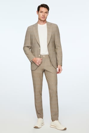  Erkek KAHVE Poliviskon Trend Ekoseli Slim Fit Mono Yaka Ceket