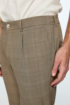  Erkek KAHVE Poliviskon Trend Ekoseli Slim Fit Pantolon