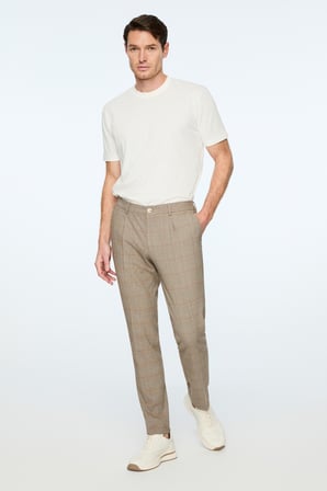  Erkek KAHVE Poliviskon Trend Ekoseli Slim Fit Pantolon
