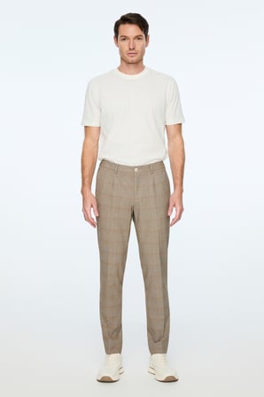  Erkek KAHVE Poliviskon Trend Ekoseli Slim Fit Pantolon