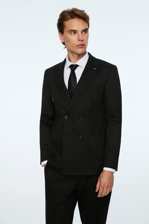  Erkek Siyah Poliviskon Trend Düz Slim Fit Sivri Yaka Kruvaze Takım Elbise