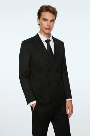  Erkek Siyah Poliviskon Trend Düz Slim Fit Sivri Yaka Kruvaze Takım Elbise