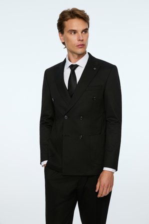 Erkek Siyah Poliviskon Trend Düz Slim Fit Sivri Yaka Kruvaze Takım Elbise