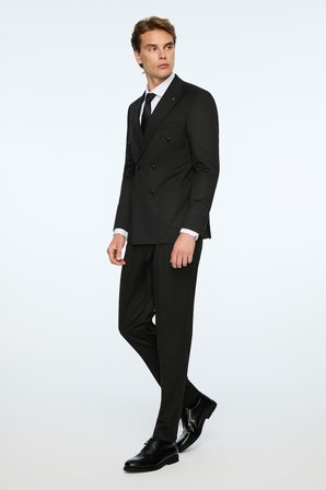  Erkek Siyah Poliviskon Trend Düz Slim Fit Sivri Yaka Kruvaze Takım Elbise