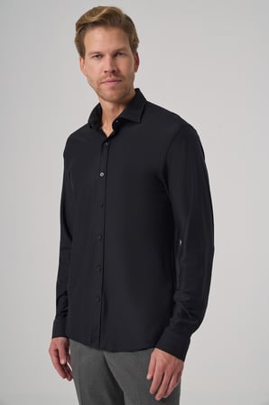  Erkek Siyah Trend Düz Slim Fit Tam İtalyan Yaka Relaxible Gömlek