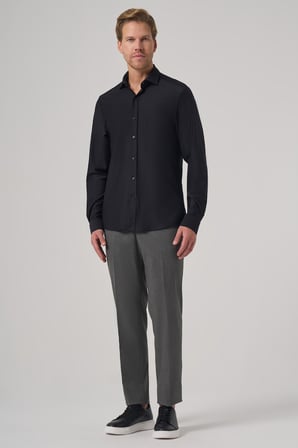  Erkek Siyah Trend Düz Slim Fit Tam İtalyan Yaka Relaxible Gömlek