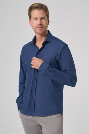  Erkek Lacivert Trend Düz Slim Fit Tam İtalyan Yaka Relaxible Gömlek