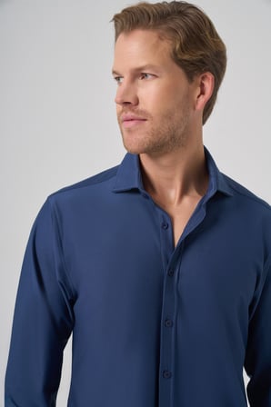 Erkek Lacivert Trend Düz Slim Fit Tam İtalyan Yaka Relaxible Gömlek