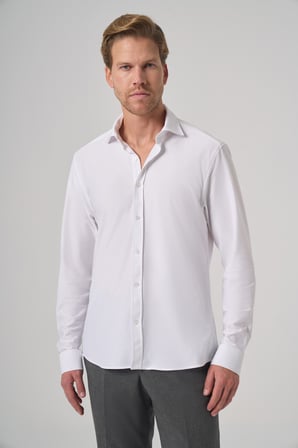  Erkek Beyaz Trend Düz Slim Fit Tam İtalyan Yaka Relaxible Gömlek