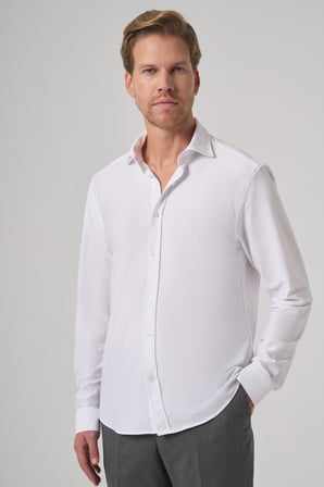  Erkek Beyaz Trend Düz Slim Fit Tam İtalyan Yaka Relaxible Gömlek