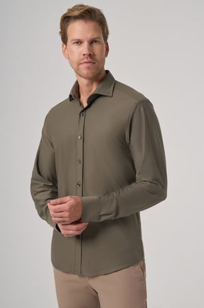  Erkek Haki Trend Düz Slim Fit Tam İtalyan Yaka Relaxible Gömlek