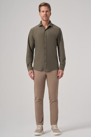  Erkek Haki Trend Düz Slim Fit Tam İtalyan Yaka Relaxible Gömlek