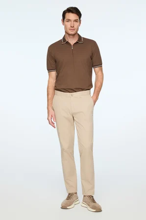  Erkek Bej Pamuk Trend Düz Slim Fit Chino Pantolon