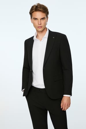  Erkek Siyah Poliviskon Basic Düz Slim Fit Sivri Yaka Takım Elbise