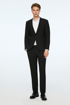  Erkek Siyah Poliviskon Basic Düz Slim Fit Sivri Yaka Takım Elbise