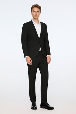  Erkek Siyah Poliviskon Basic Düz Slim Fit Sivri Yaka Takım Elbise