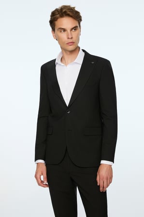  Erkek Siyah Poliviskon Basic Düz Slim Fit Sivri Yaka Takım Elbise