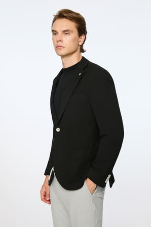  Erkek Siyah Poliviskon Trend Desenli Slim Fit Ceket