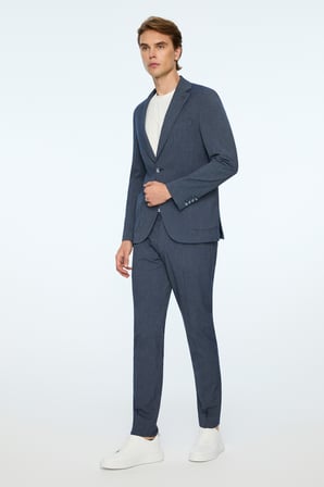  Erkek Lacivert Poliviskon Trend Çizgili Slim Fit Mono Yaka Takım Elbise