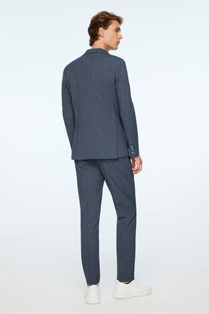  Erkek Lacivert Poliviskon Trend Çizgili Slim Fit Mono Yaka Takım Elbise