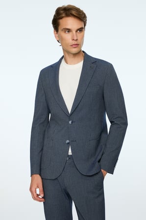  Erkek Lacivert Poliviskon Trend Çizgili Slim Fit Mono Yaka Takım Elbise