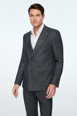 Erkek Lacivert Keten Trend Çizgili Slim Fit Sivri Yaka Kruvaze Takım Elbise