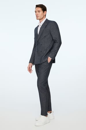  Erkek Lacivert Keten Trend Çizgili Slim Fit Sivri Yaka Kruvaze Takım Elbise