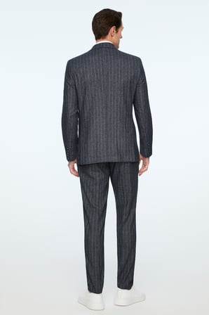  Erkek Lacivert Keten Trend Çizgili Slim Fit Sivri Yaka Kruvaze Takım Elbise