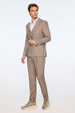 Erkek KAHVE Keten Trend Çizgili Slim Fit Sivri Yaka Kruvaze Takım Elbise