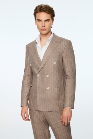  Erkek KAHVE Keten Trend Çizgili Slim Fit Sivri Yaka Kruvaze Takım Elbise