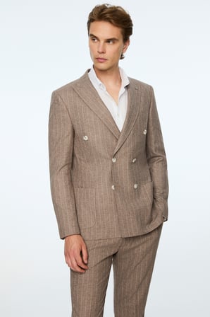  Erkek KAHVE Keten Trend Çizgili Slim Fit Sivri Yaka Kruvaze Takım Elbise