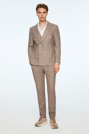  Erkek KAHVE Keten Trend Çizgili Slim Fit Sivri Yaka Kruvaze Takım Elbise