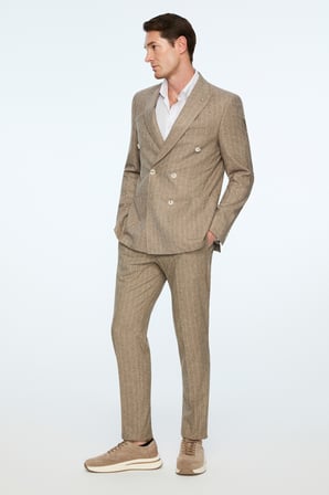  Erkek Yeşil Keten Trend Çizgili Slim Fit Sivri Yaka Kruvaze Takım Elbise