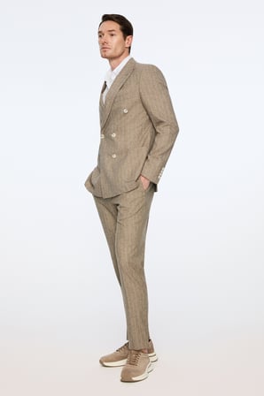  Erkek Yeşil Keten Trend Çizgili Slim Fit Sivri Yaka Kruvaze Takım Elbise