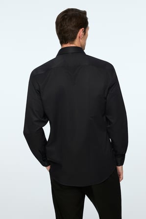 Erkek Siyah Düz Slim Fit Sert Yaka Gömlek