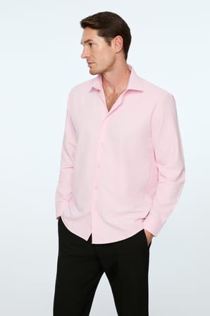  Erkek Pembe Düz Slim Fit Sert Yaka Gömlek