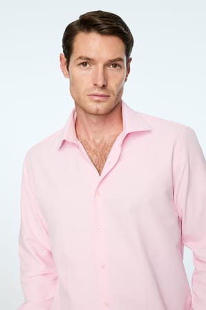  Erkek Pembe Düz Slim Fit Sert Yaka Gömlek