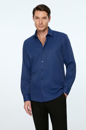 Erkek Lacivert Düz Slim Fit Sert Yaka Gömlek