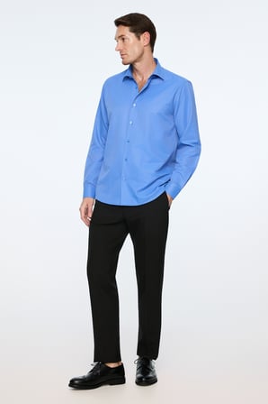  Erkek Mavi Düz Slim Fit Sert Yaka Gömlek