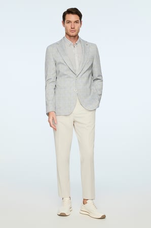  Erkek Yeşil Polyester Trend Ekoseli Slim Fit Ceket