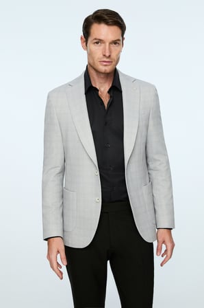  Erkek Gri Polyester Trend Ekoseli Slim Fit Mono Yaka Ceket