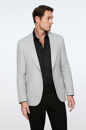  Erkek Gri Polyester Trend Ekoseli Slim Fit Mono Yaka Ceket